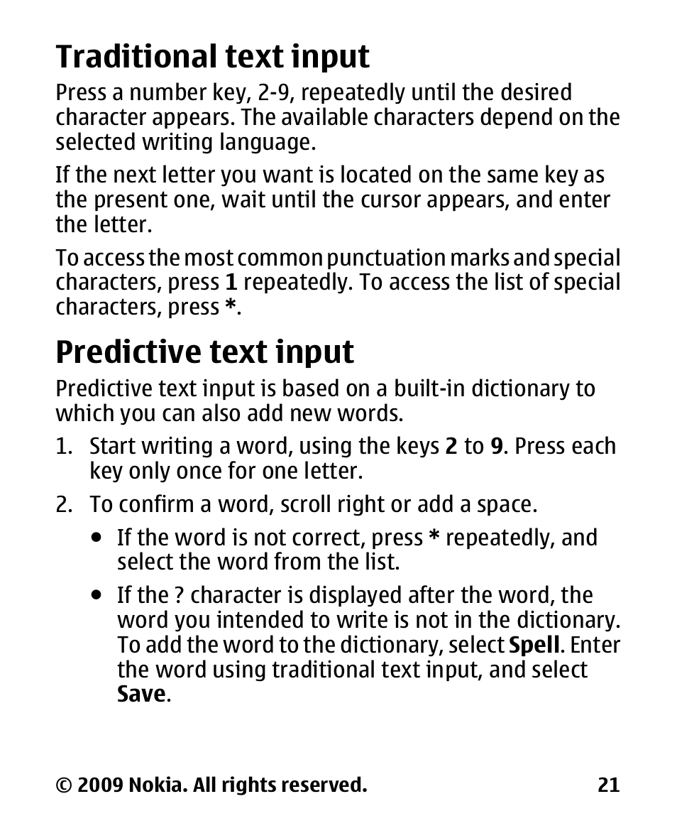 Traditional text input, Predictive text input | Nokia 2330C User Manual | Page 22 / 70