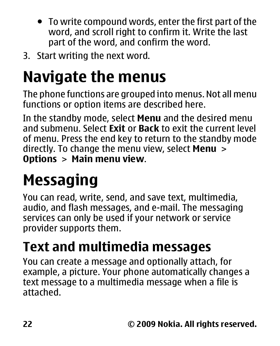 Navigate the menus, Messaging, Text and multimedia messages | Text and multimedia, Messages | Nokia 2330C User Manual | Page 23 / 70