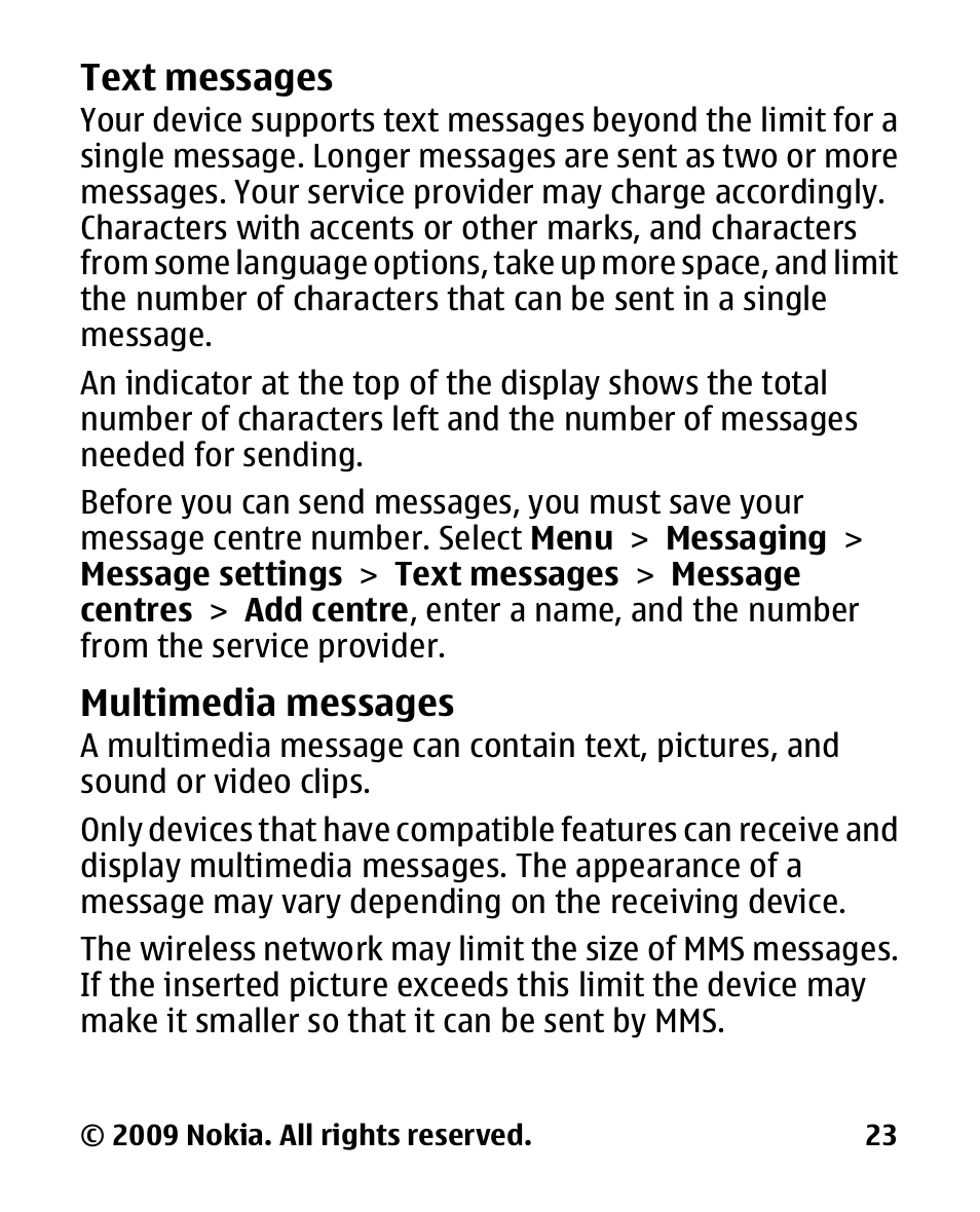 Text messages, Multimedia messages | Nokia 2330C User Manual | Page 24 / 70