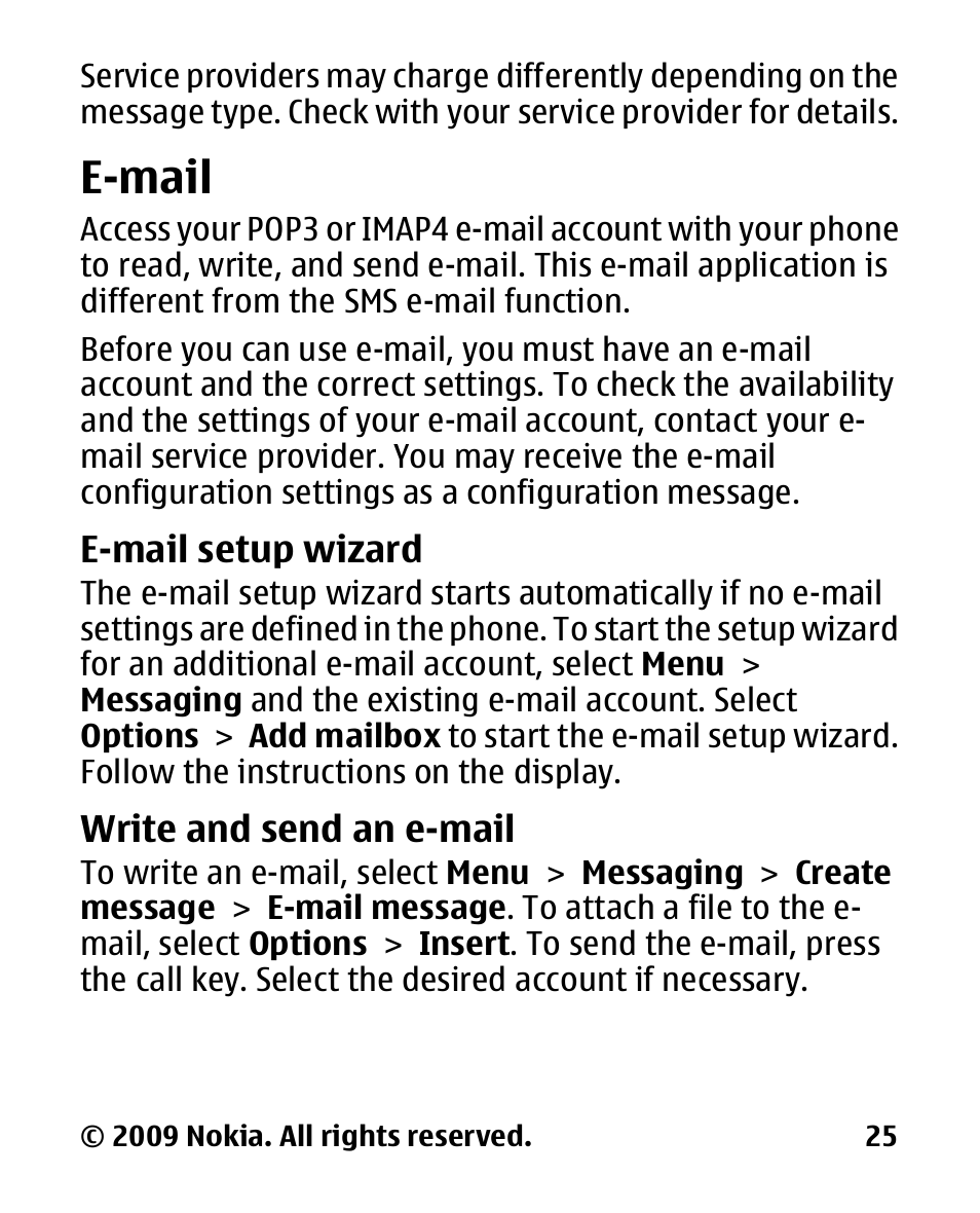 E-mail, E-mail setup wizard, Write and send an e-mail | Write and send an e, Mail | Nokia 2330C User Manual | Page 26 / 70