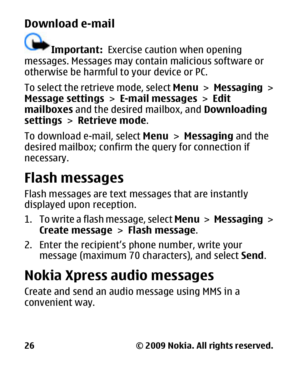 Download e-mail, Flash messages, Nokia xpress audio messages | Nokia xpress audio, Messages | Nokia 2330C User Manual | Page 27 / 70
