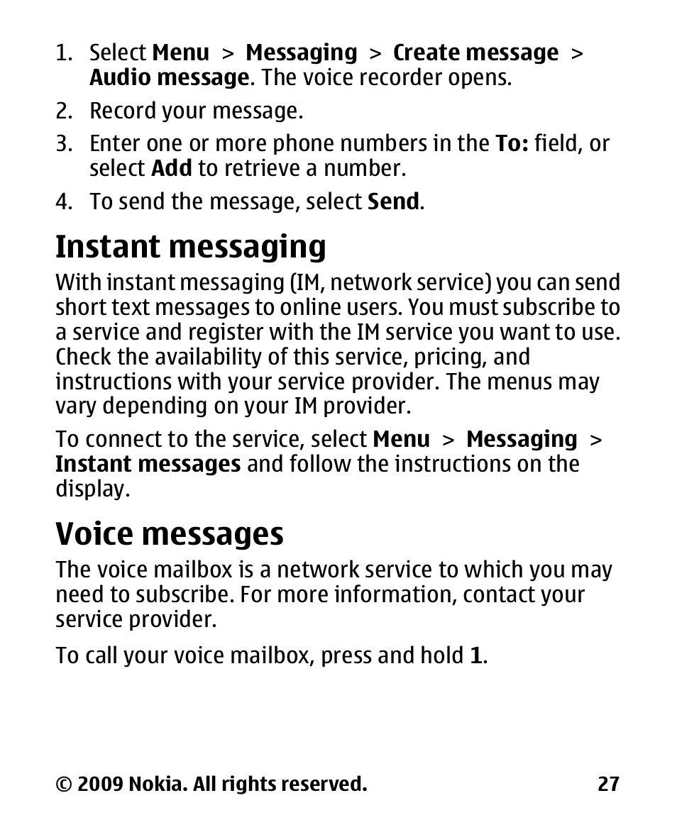 Instant messaging, Voice messages | Nokia 2330C User Manual | Page 28 / 70