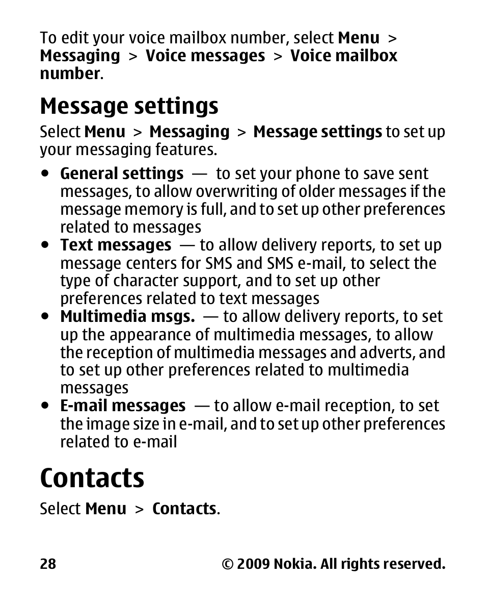 Message settings, Contacts | Nokia 2330C User Manual | Page 29 / 70