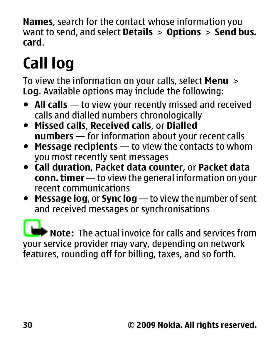Call log | Nokia 2330C User Manual | Page 31 / 70