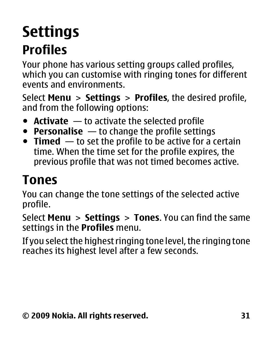 Settings, Profiles, Tones | Nokia 2330C User Manual | Page 32 / 70