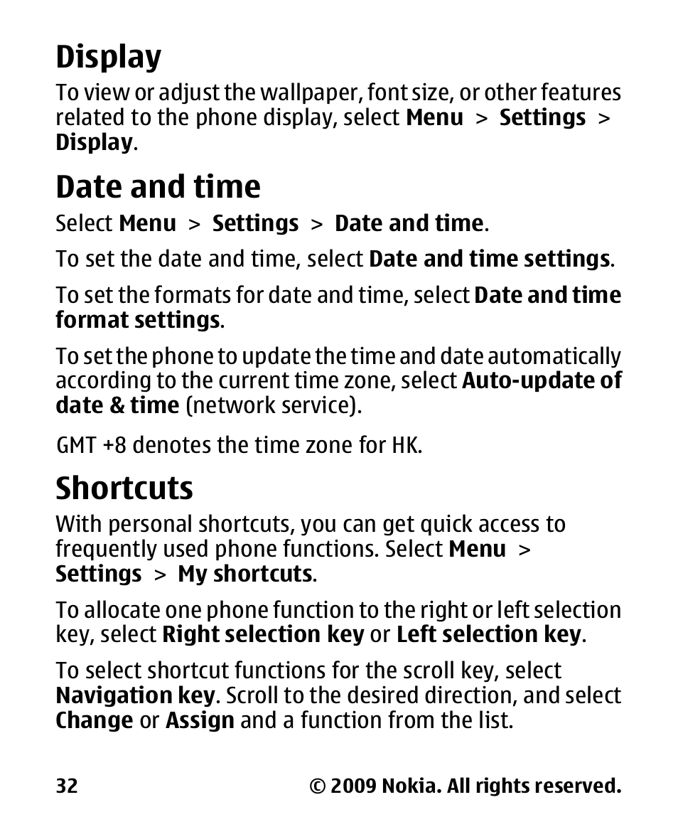 Display, Date and time, Shortcuts | Nokia 2330C User Manual | Page 33 / 70