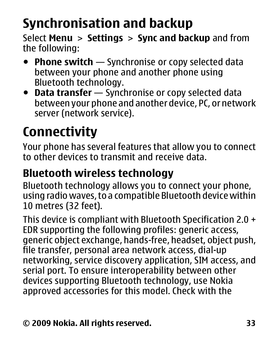 Synchronisation and backup, Connectivity, Bluetooth wireless technology | Synchronisation and, Backup, Bluetooth wireless, Technology | Nokia 2330C User Manual | Page 34 / 70