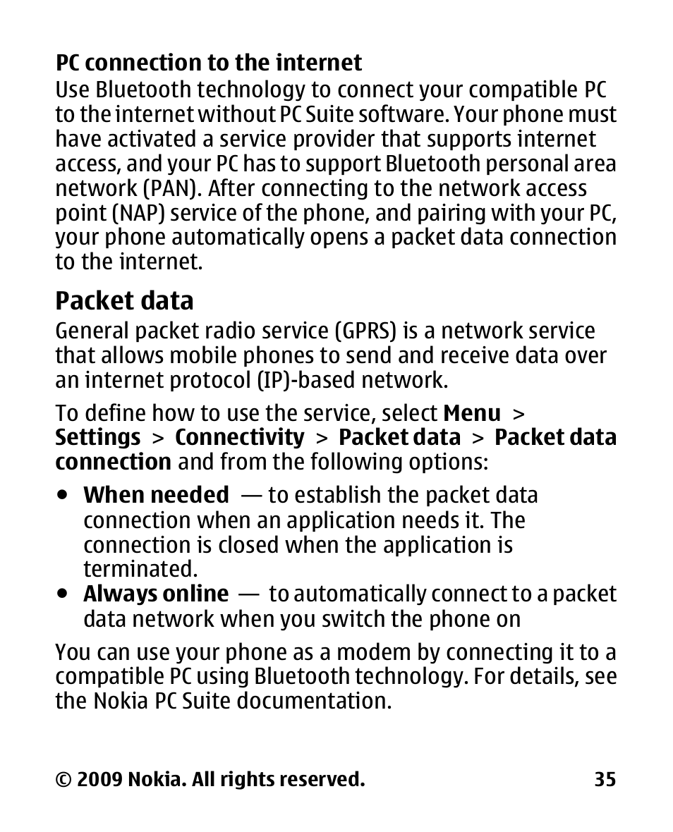 Packet data | Nokia 2330C User Manual | Page 36 / 70