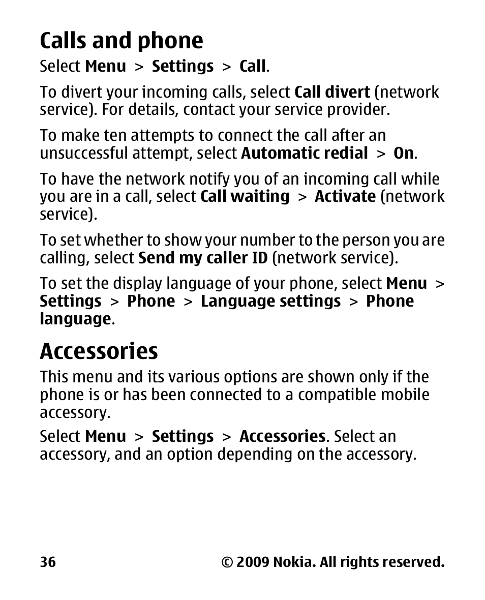 Calls and phone, Accessories | Nokia 2330C User Manual | Page 37 / 70