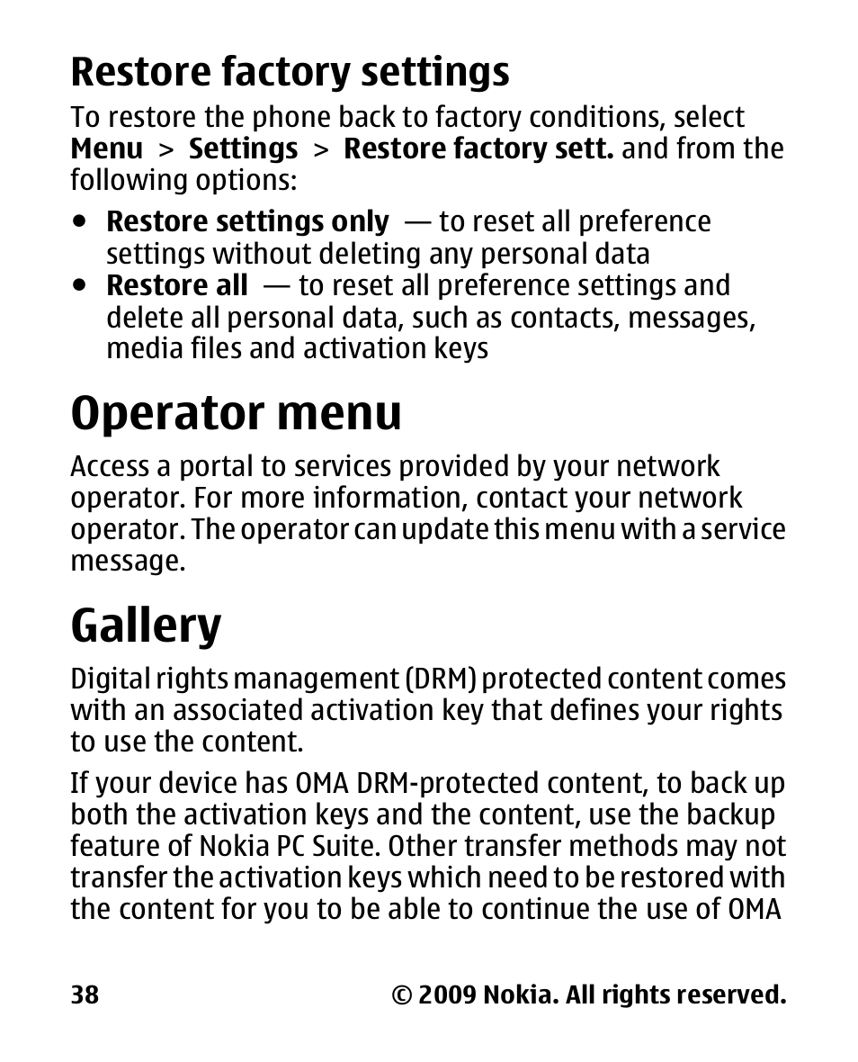 Restore factory settings, Operator menu, Gallery | Nokia 2330C User Manual | Page 39 / 70
