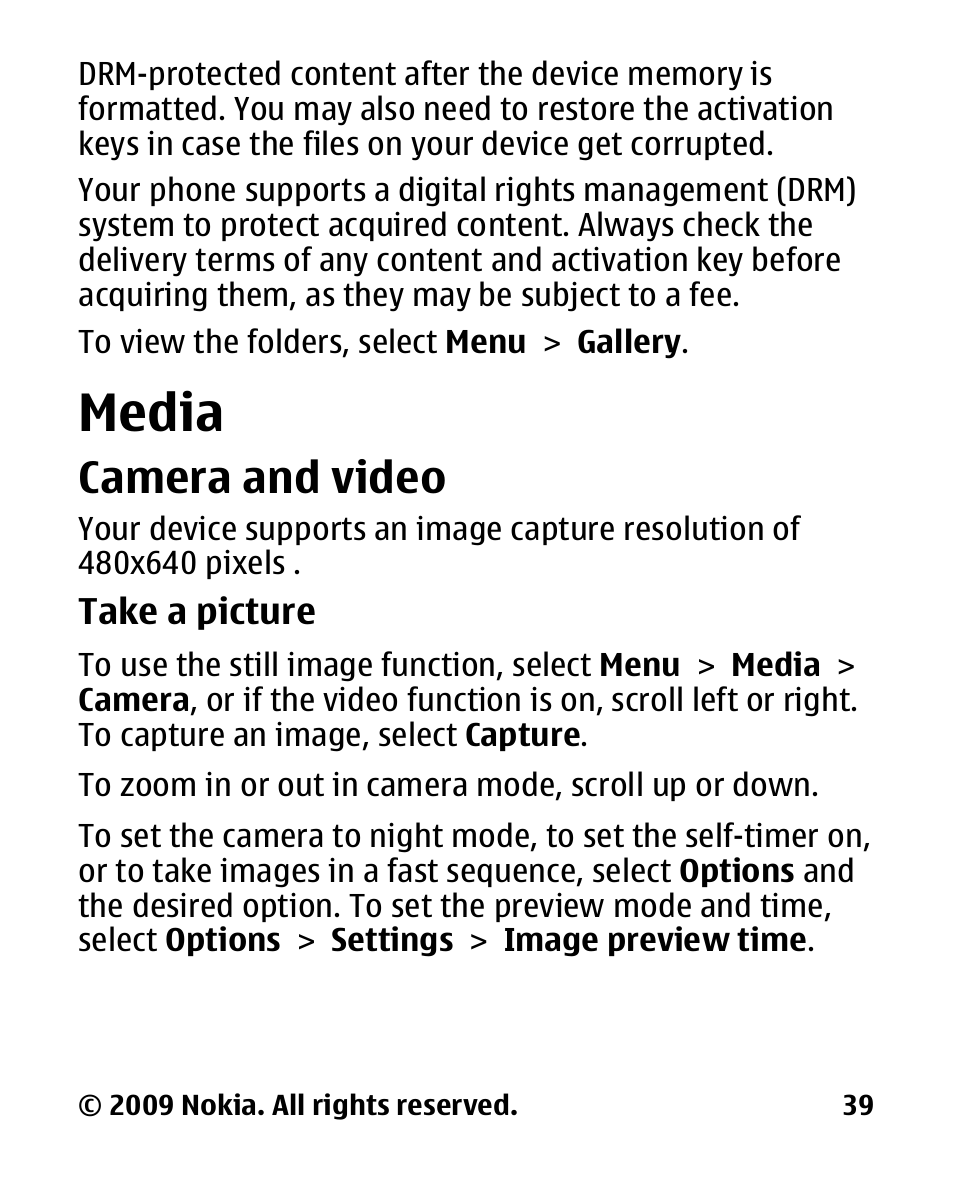 Media, Camera and video | Nokia 2330C User Manual | Page 40 / 70