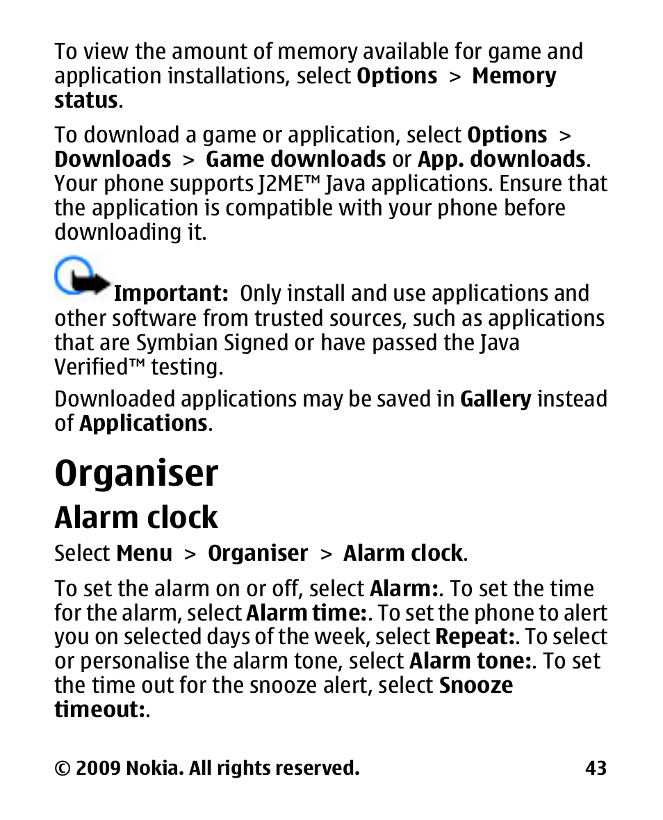 Organiser, Alarm clock | Nokia 2330C User Manual | Page 44 / 70