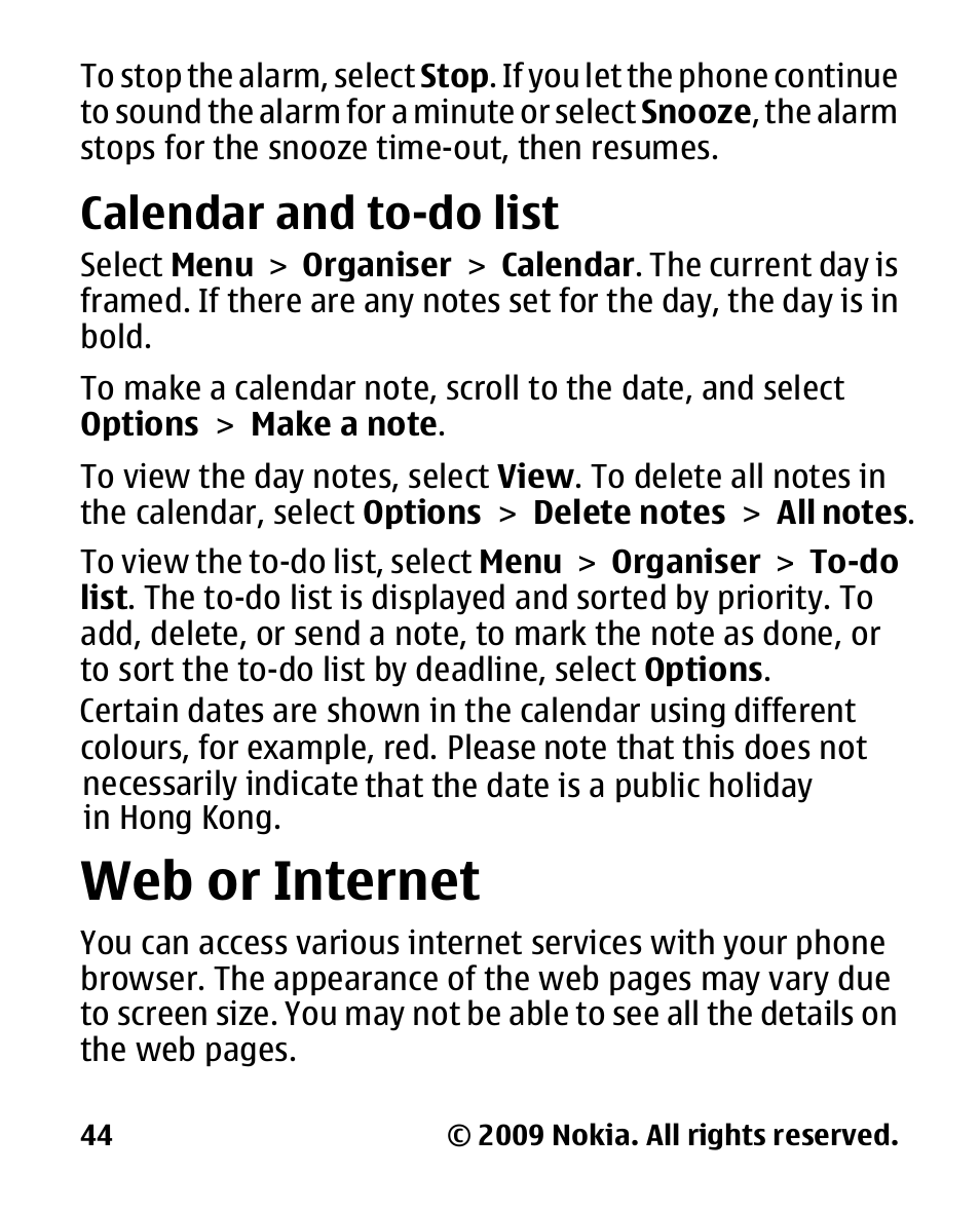 Calendar and to-do list, Web or internet | Nokia 2330C User Manual | Page 45 / 70