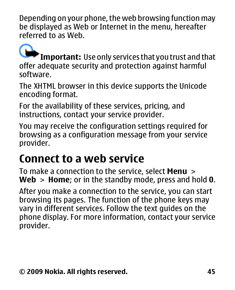 Connect to a web service | Nokia 2330C User Manual | Page 46 / 70