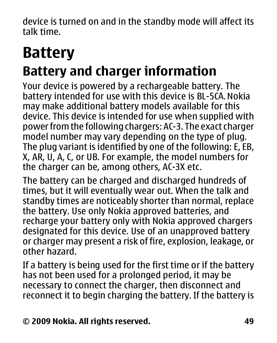 Battery, Battery and charger information, Battery and charger | Information | Nokia 2330C User Manual | Page 50 / 70
