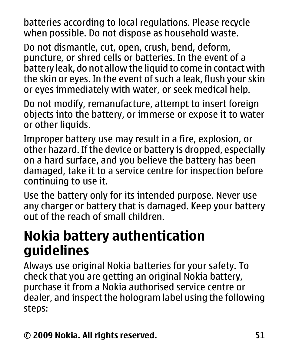 Nokia battery authentication guidelines, Nokia battery, Authentication | Guidelines | Nokia 2330C User Manual | Page 52 / 70