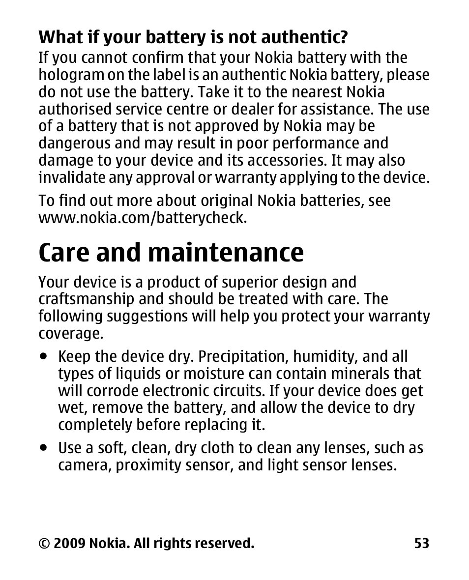 What if your battery is not authentic, Care and maintenance, What if your battery is | Not authentic, Care and, Maintenance | Nokia 2330C User Manual | Page 54 / 70