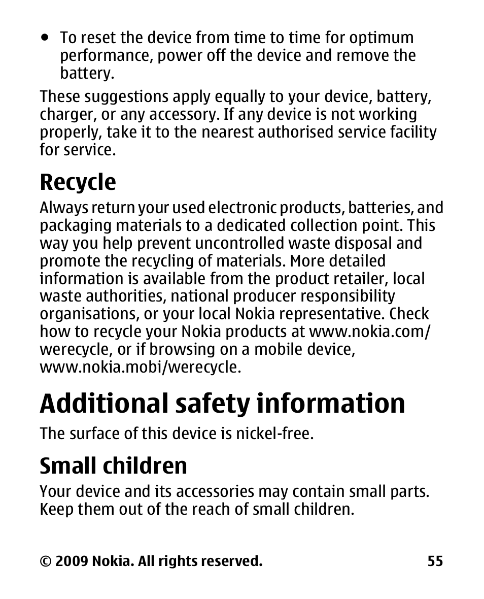 Recycle, Additional safety information, Small children | Additional safety, Information | Nokia 2330C User Manual | Page 56 / 70