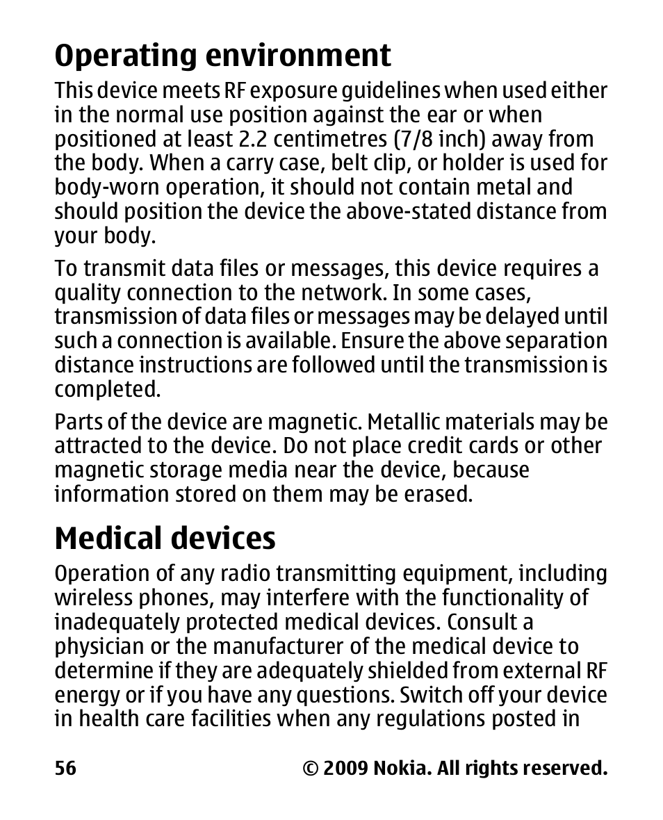 Operating environment, Medical devices | Nokia 2330C User Manual | Page 57 / 70