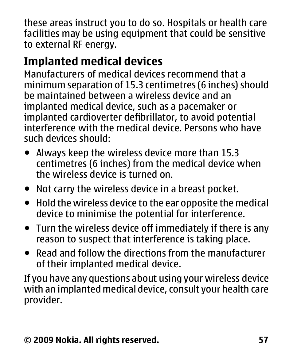 Implanted medical devices, Implanted medical, Devices | Nokia 2330C User Manual | Page 58 / 70