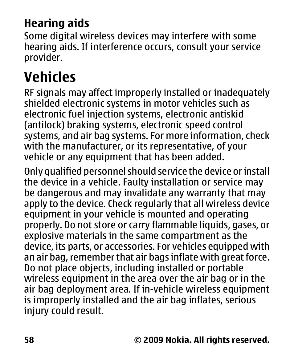 Hearing aids, Vehicles | Nokia 2330C User Manual | Page 59 / 70