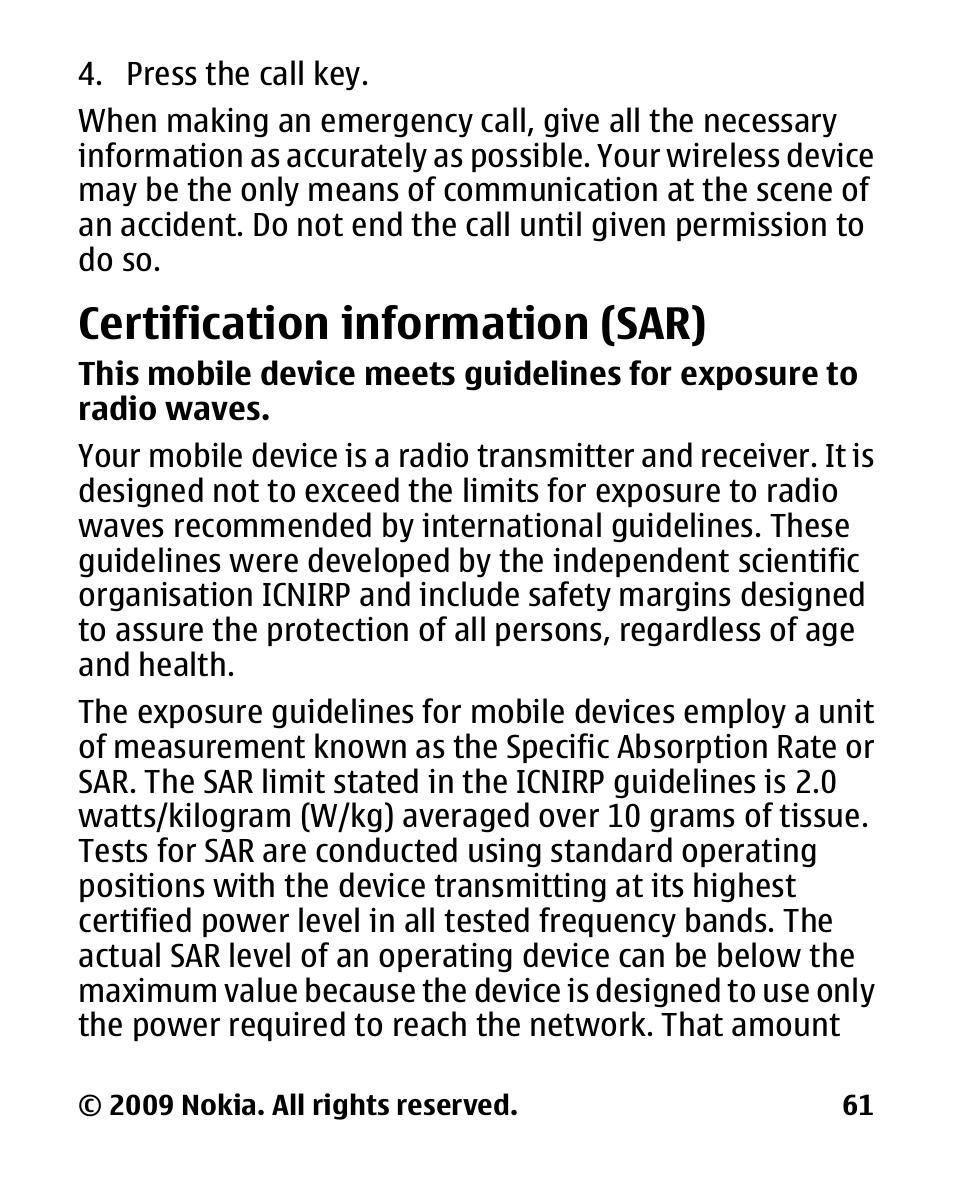 Certification information (sar), Certification information, Sar) | Nokia 2330C User Manual | Page 62 / 70