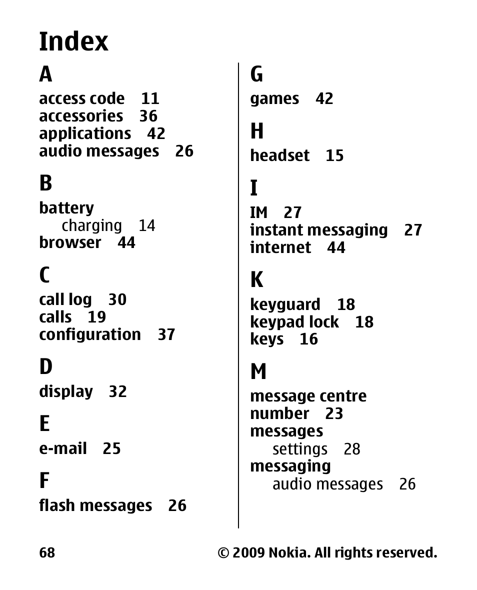 Index | Nokia 2330C User Manual | Page 69 / 70