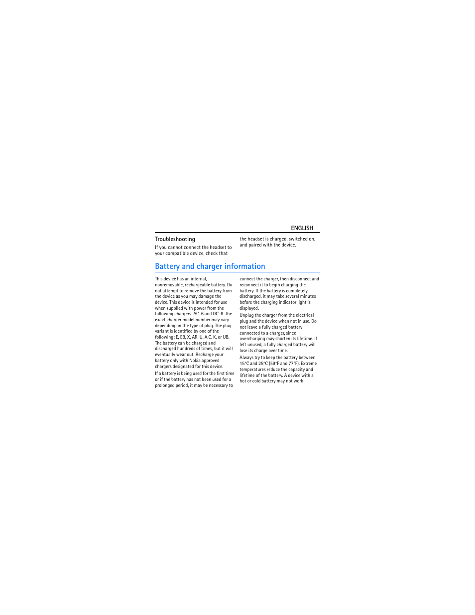 Troubleshooting, Battery and charger information | Nokia BH-904 User Manual | Page 11 / 13