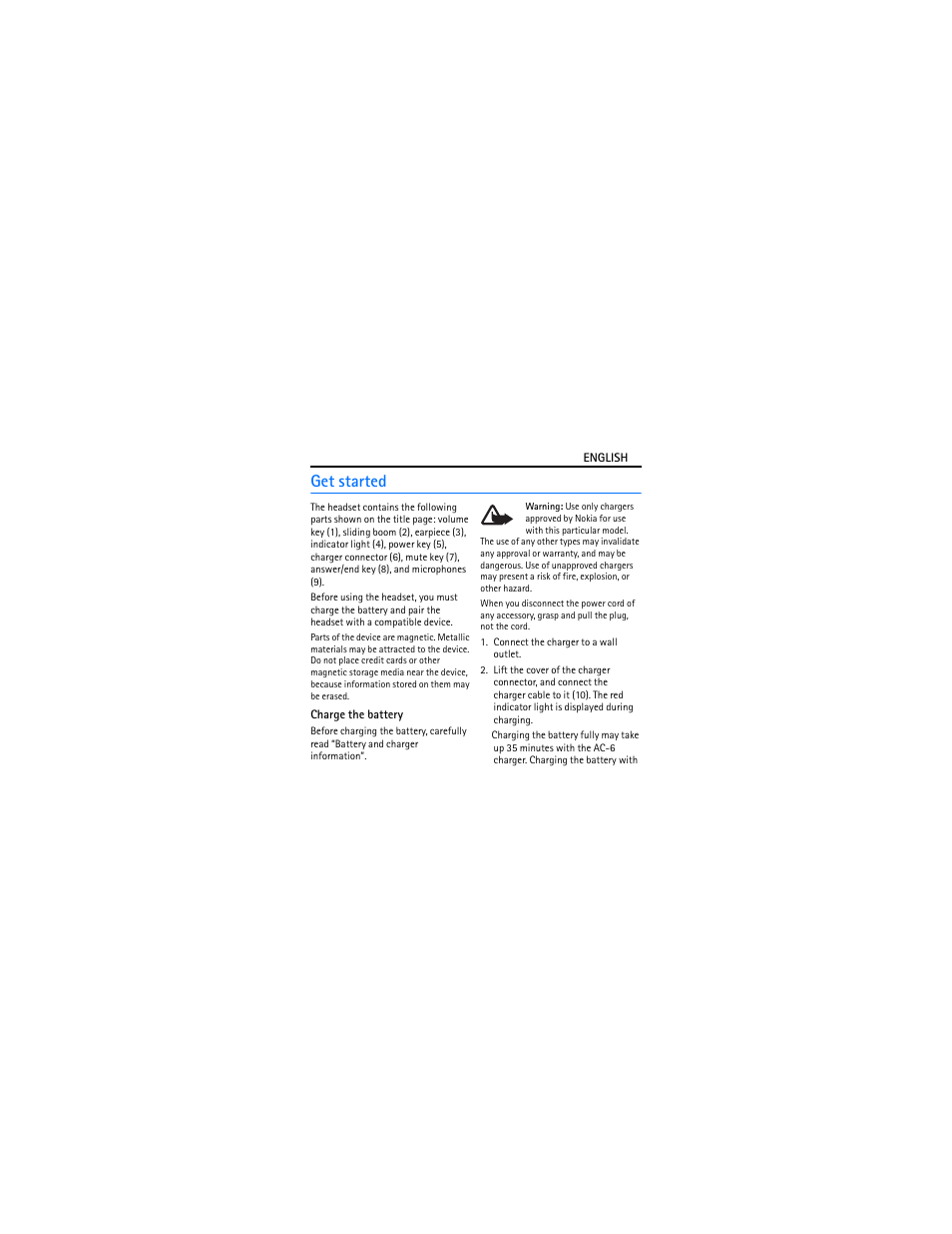 Get started, Charge the battery | Nokia BH-904 User Manual | Page 5 / 13