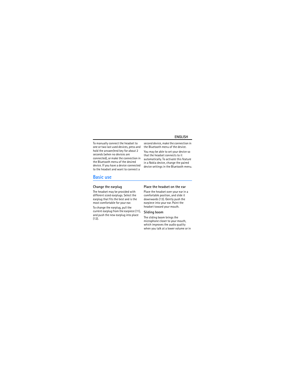 Basic use, Change the earplug, Place the headset on the ear | Sliding boom | Nokia BH-904 User Manual | Page 8 / 13