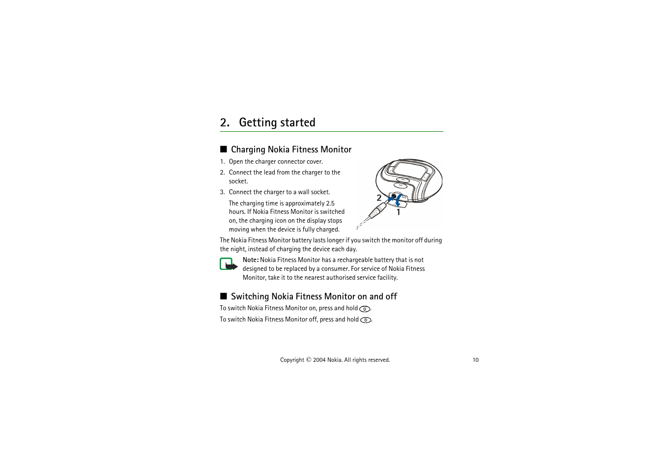 Getting started, Charging nokia fitness monitor, Switching nokia fitness monitor on and off | Nokia LS-2 User Manual | Page 10 / 24