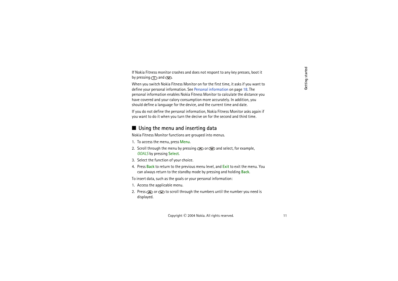 Using the menu and inserting data | Nokia LS-2 User Manual | Page 11 / 24