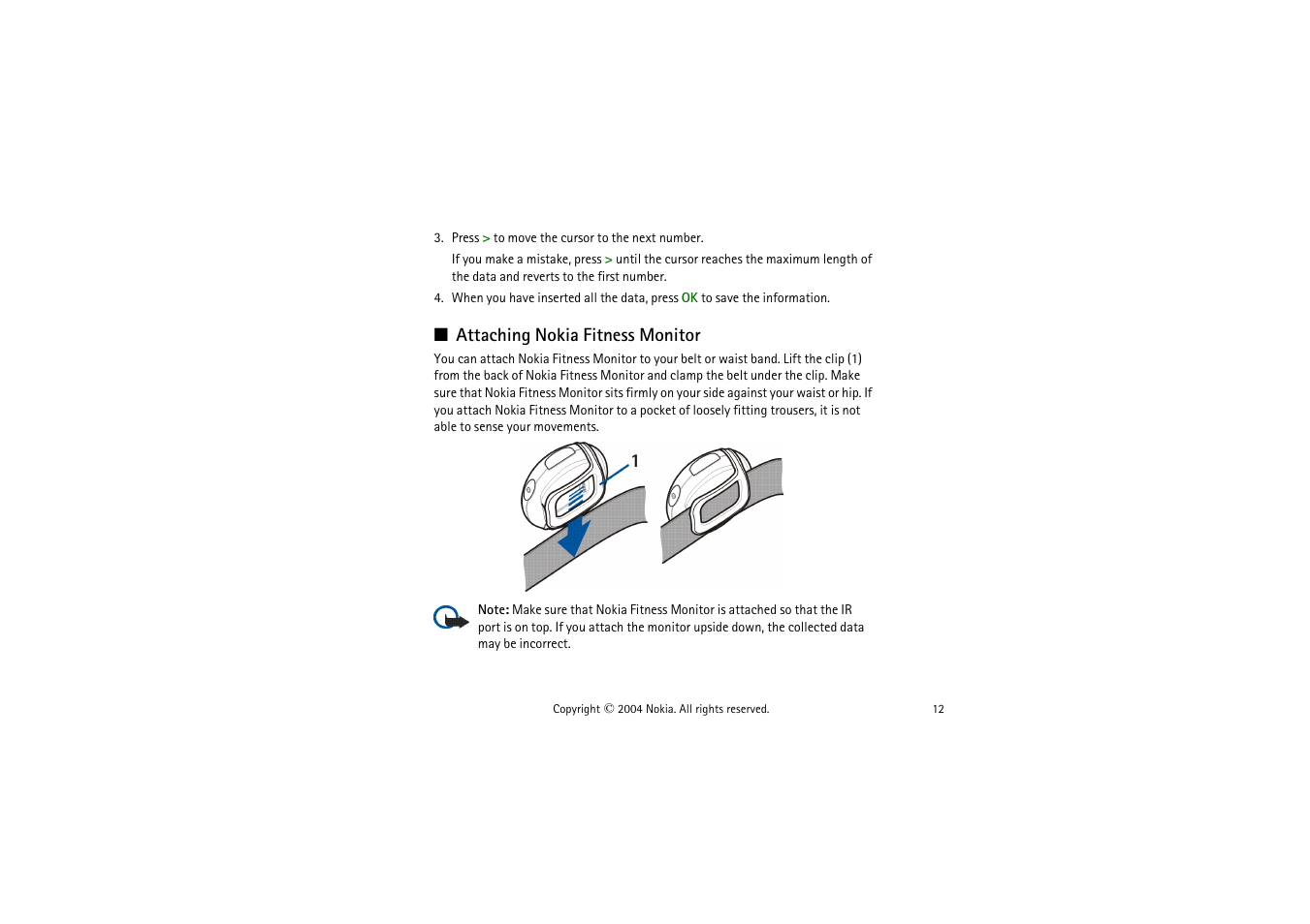 Attaching nokia fitness monitor | Nokia LS-2 User Manual | Page 12 / 24