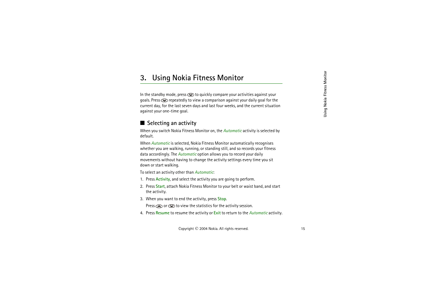 Using nokia fitness monitor, Selecting an activity | Nokia LS-2 User Manual | Page 15 / 24