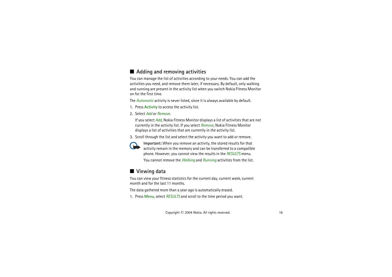 Adding and removing activities, Viewing data, Adding and removing activities viewing data | Nokia LS-2 User Manual | Page 16 / 24