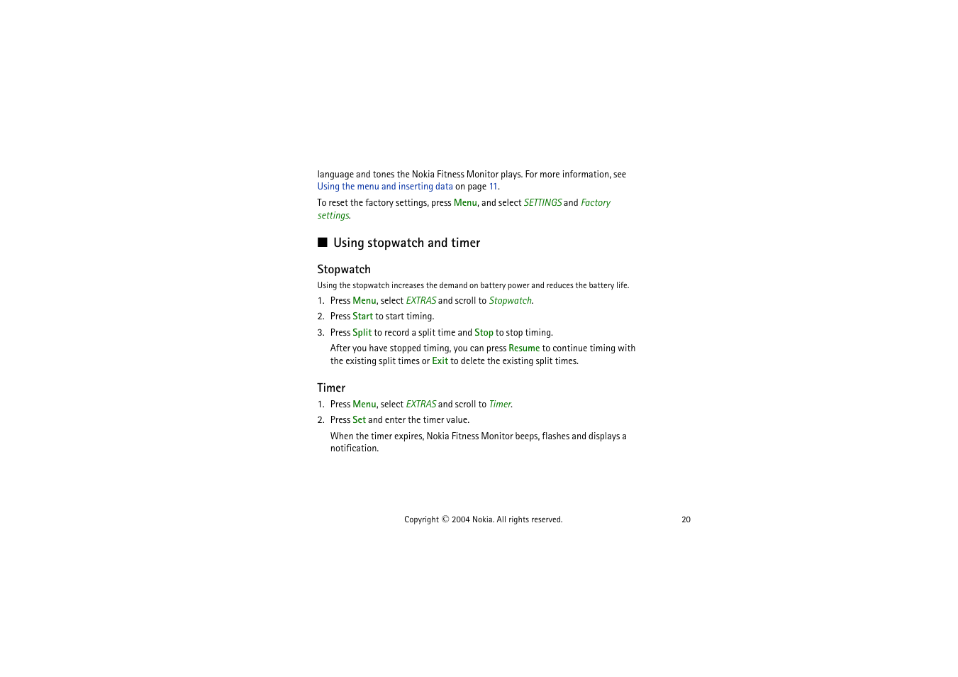 Using stopwatch and timer, Stopwatch, Timer | Stopwatch timer | Nokia LS-2 User Manual | Page 20 / 24