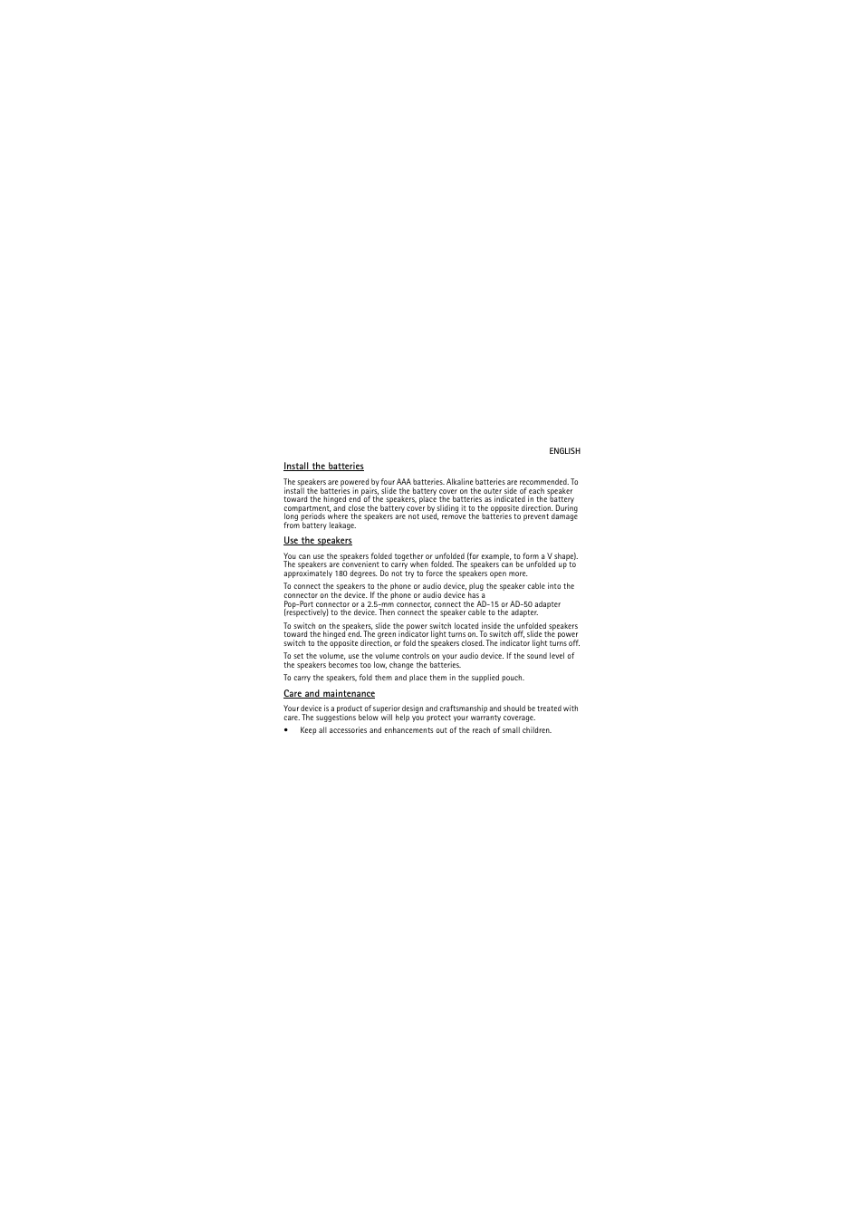 Install the batteries, Use the speakers, Care and maintenance | Nokia MD-4 User Manual | Page 2 / 16