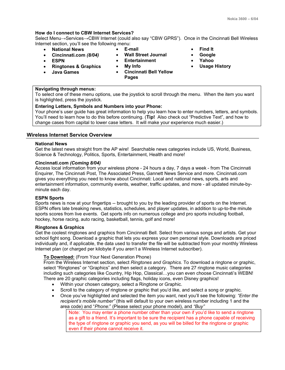 Wireless internet service overview, National news, Cincinnati.com (coming 8/04) | Espn sports | Nokia 3600 User Manual | Page 2 / 7