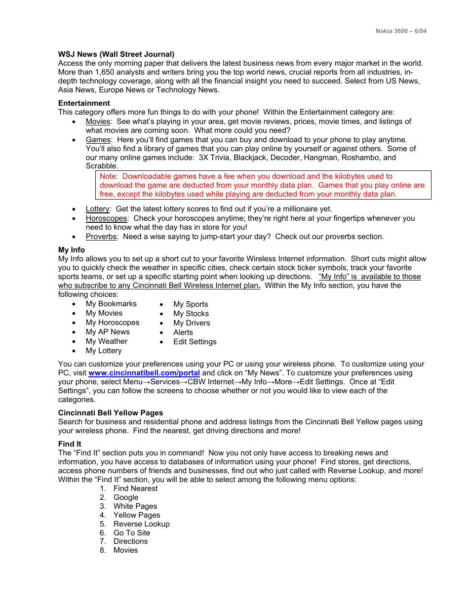 Wsj news (wall street journal), Entertainment, My info | You can customize your preferences using your pc, Find it | Nokia 3600 User Manual | Page 5 / 7