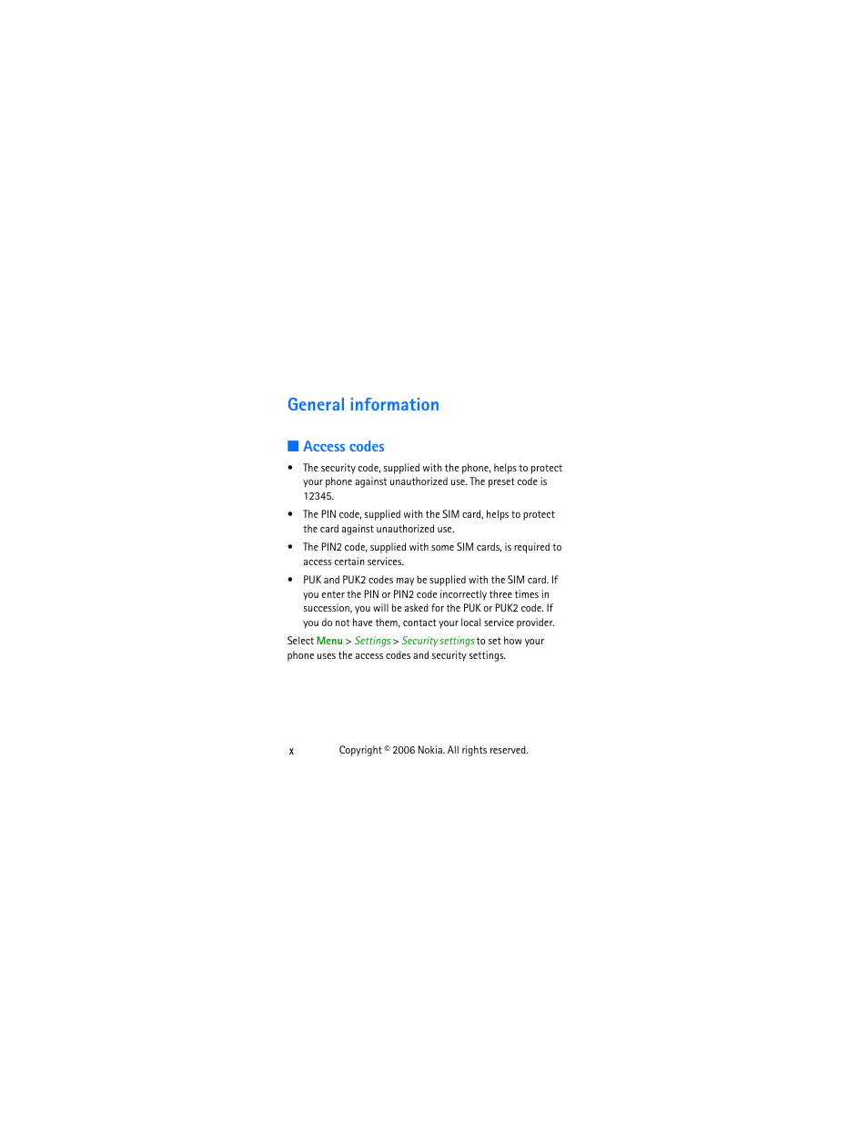 General information, Access codes, General information ......... x | Access codes............................ x | Nokia 1112 User Manual | Page 11 / 60