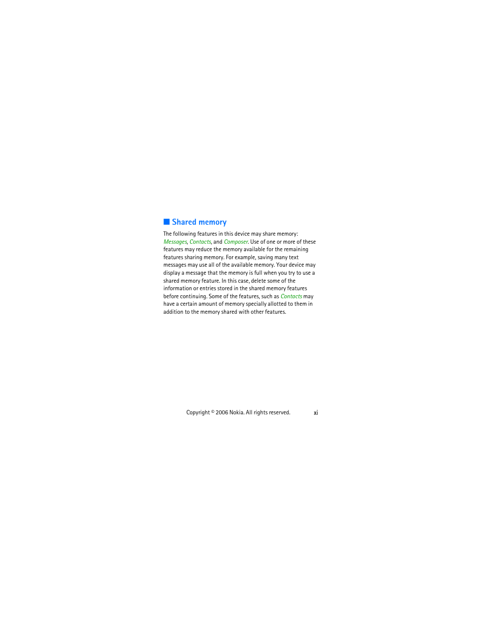 Shared memory, Shared memory...................... xi | Nokia 1112 User Manual | Page 12 / 60