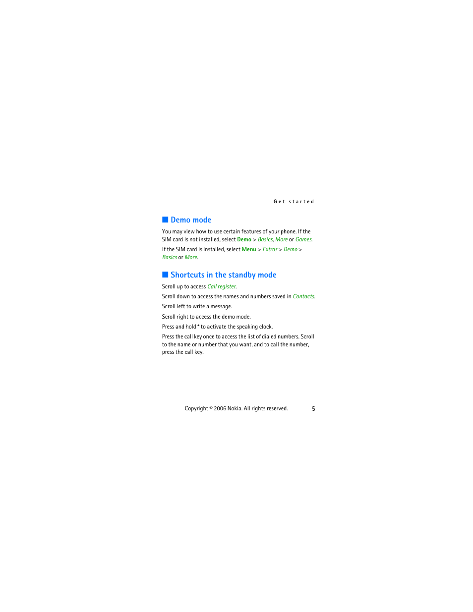 Demo mode, Shortcuts in the standby mode, Demo mode shortcuts in the standby mode | Nokia 1112 User Manual | Page 18 / 60