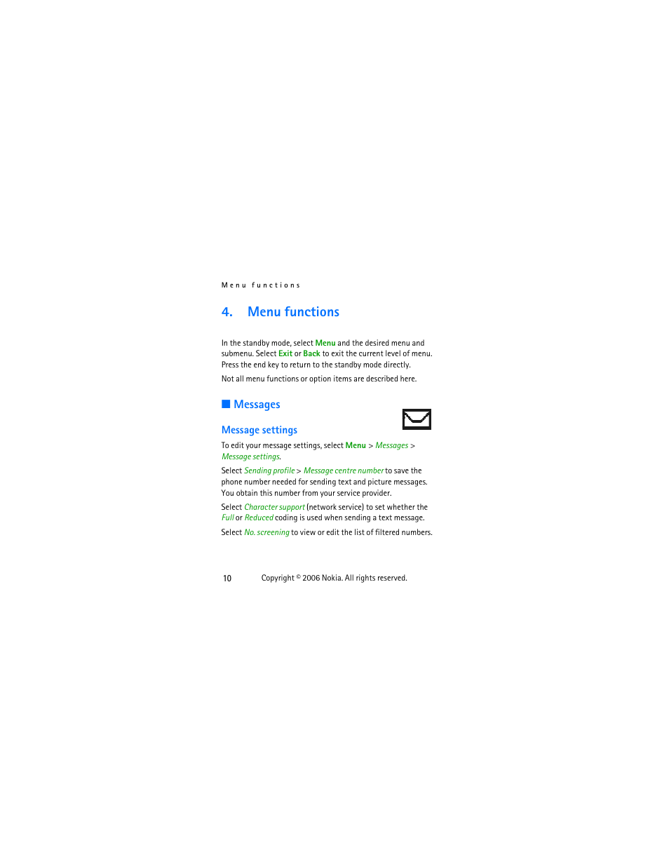 Menu functions, Messages, Message settings | Nokia 1112 User Manual | Page 23 / 60