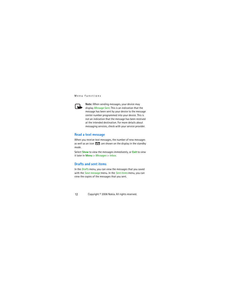 Read a text message, Drafts and sent items | Nokia 1112 User Manual | Page 25 / 60