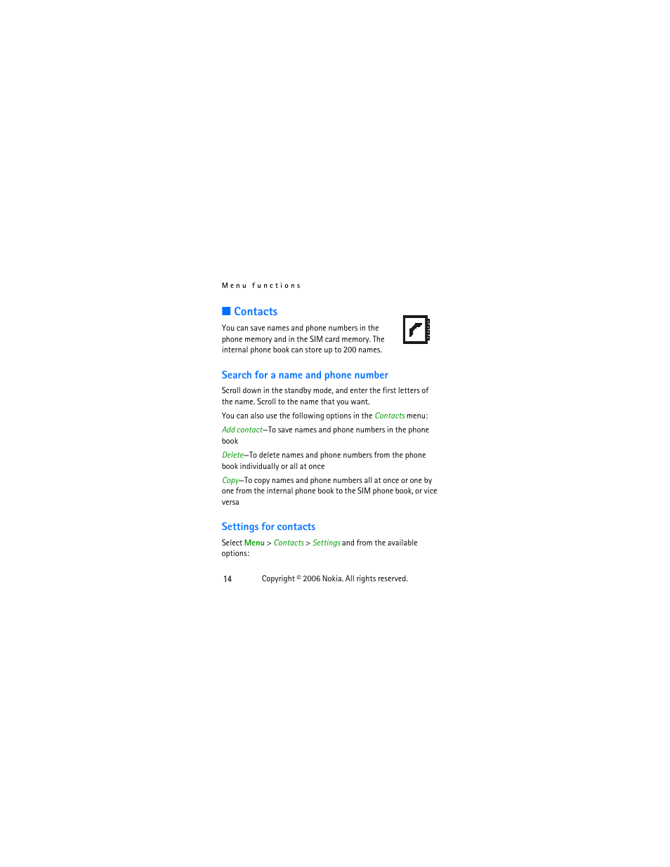 Contacts, Search for a name and phone number, Settings for contacts | Nokia 1112 User Manual | Page 27 / 60