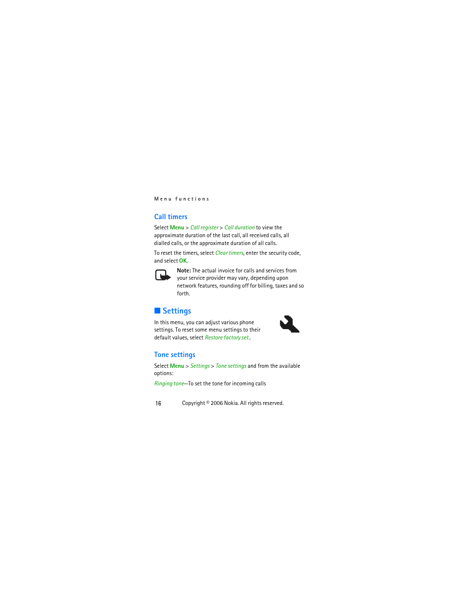Call timers, Settings, Tone settings | Nokia 1112 User Manual | Page 29 / 60
