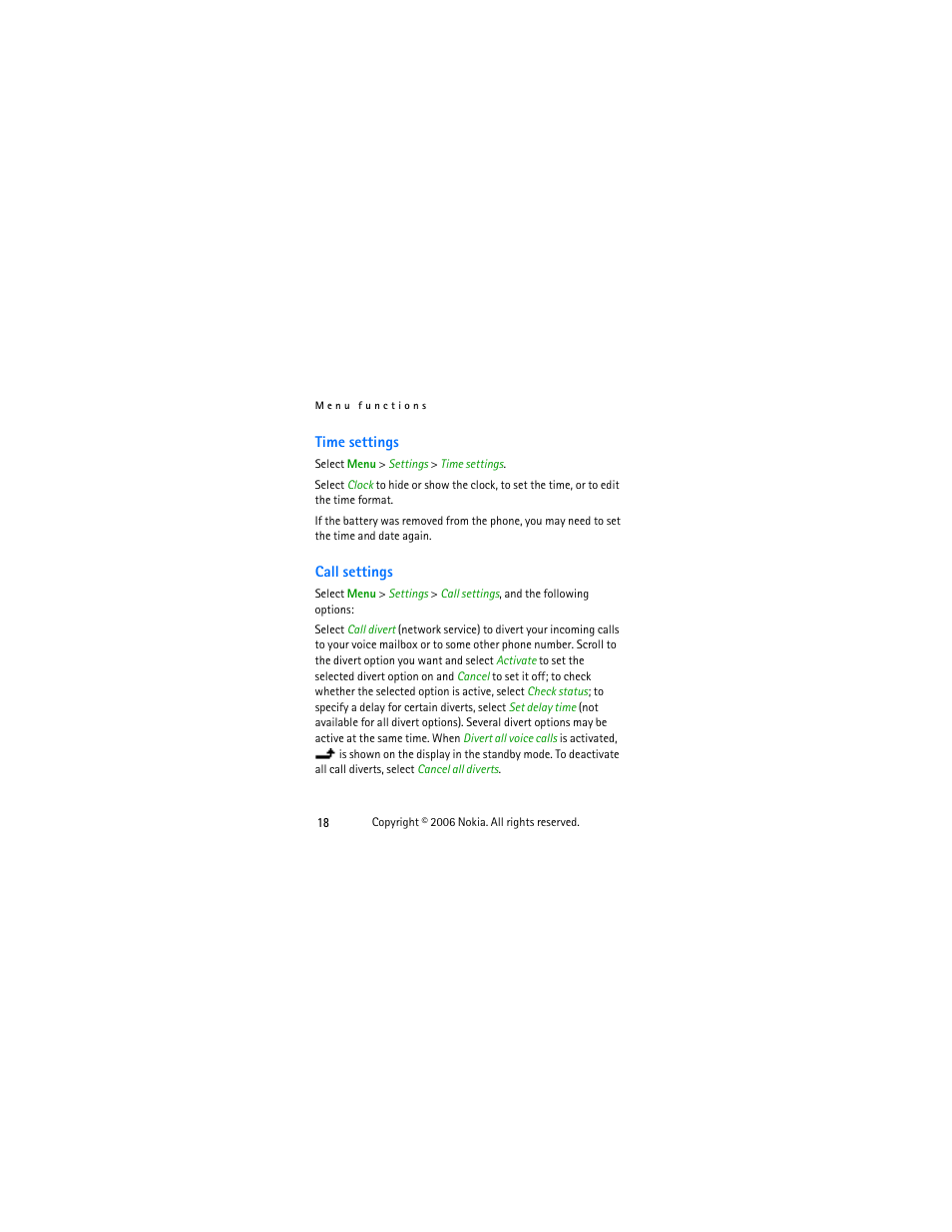 Time settings, Call settings | Nokia 1112 User Manual | Page 31 / 60