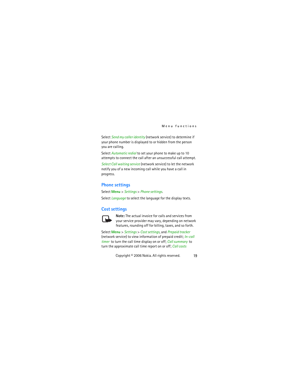 Phone settings, Cost settings | Nokia 1112 User Manual | Page 32 / 60