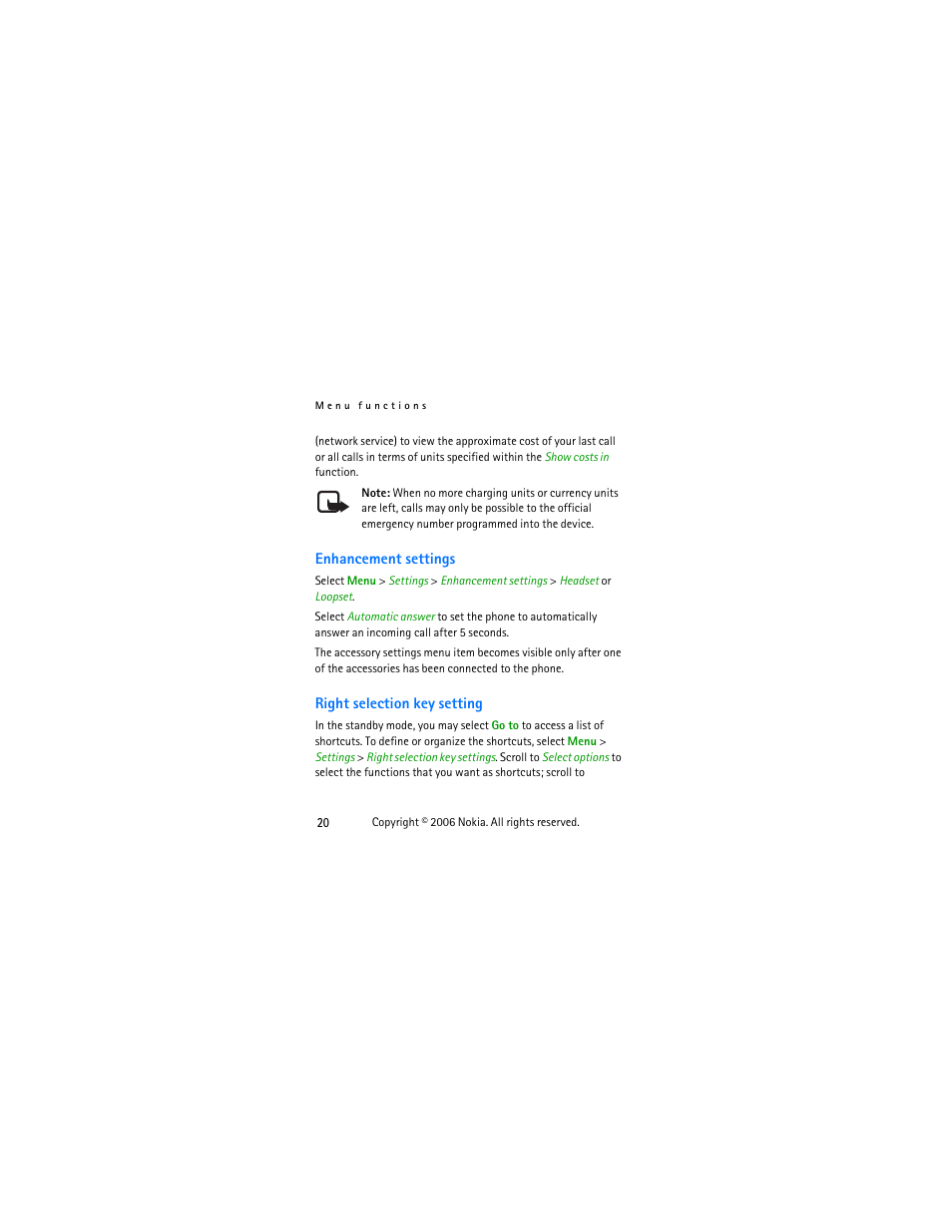 Enhancement settings, Right selection key setting | Nokia 1112 User Manual | Page 33 / 60