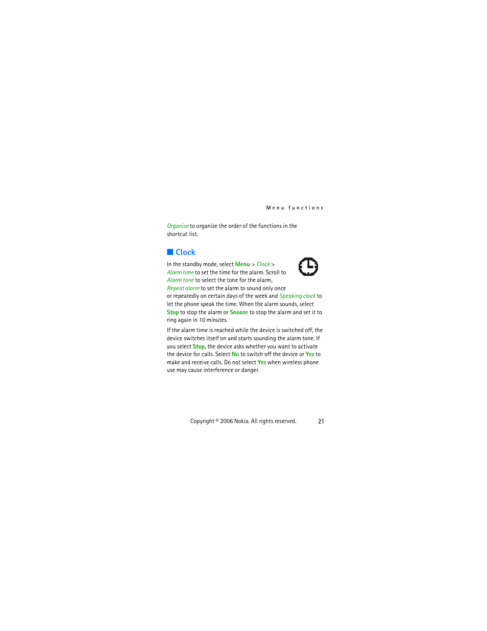 Clock | Nokia 1112 User Manual | Page 34 / 60